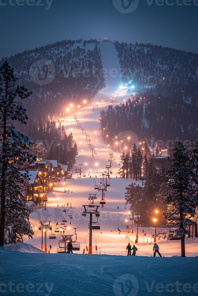 Ski resort at night with snowy slopes and illuminated chairlifts under a starry sky photo