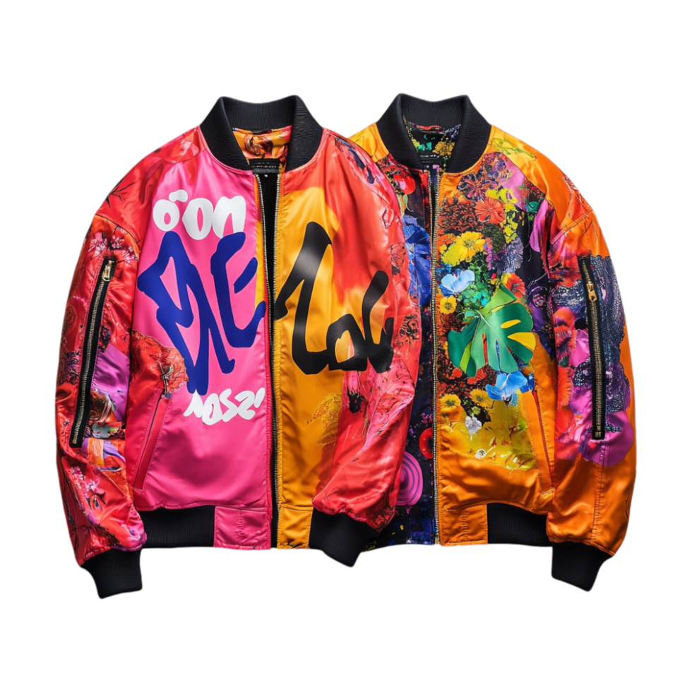 Colorful Two colorful bomber jackets with graffiti on them png
