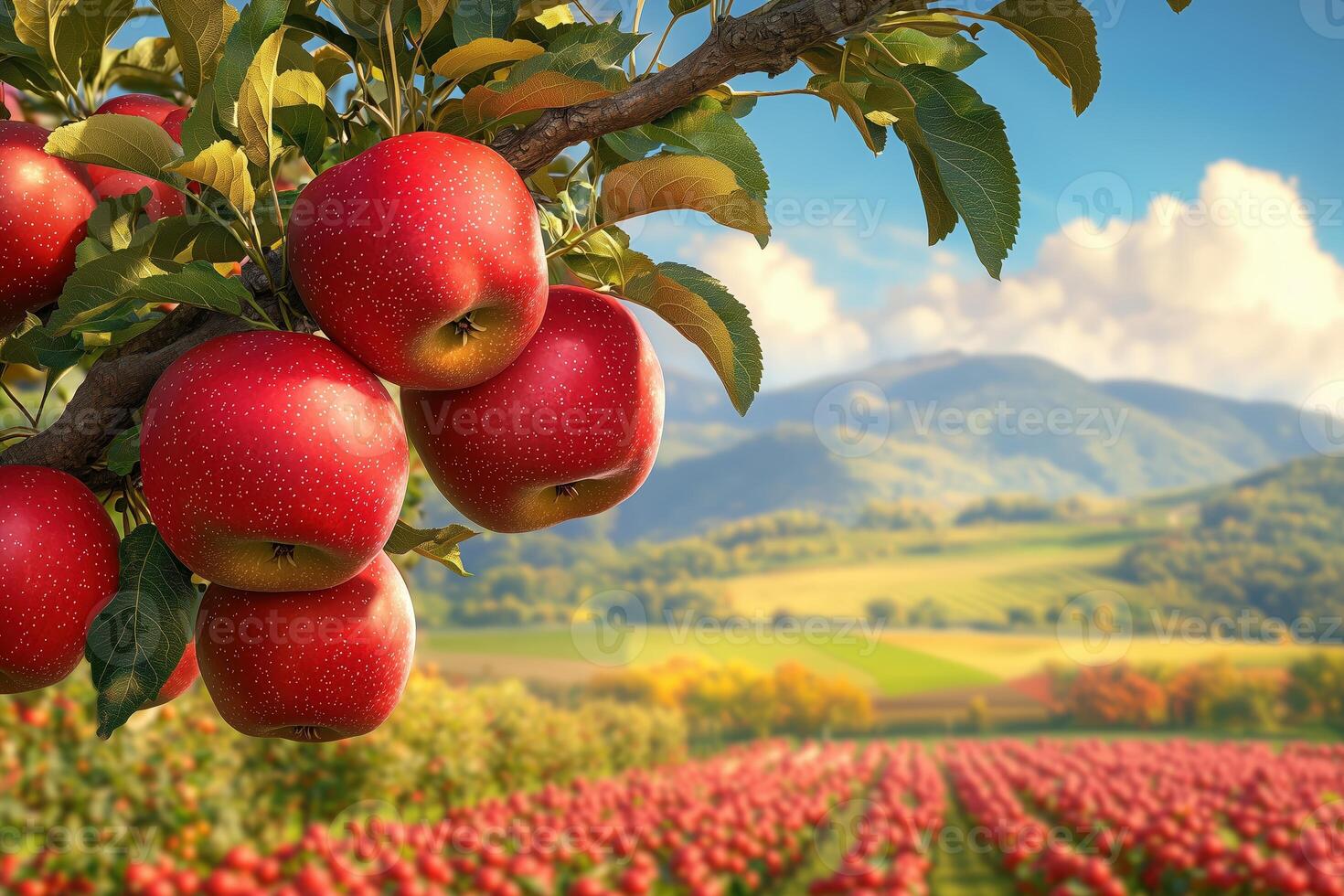 Vibrant red apples hanging on a branch in a picturesque orchard with a scenic mountain background photo