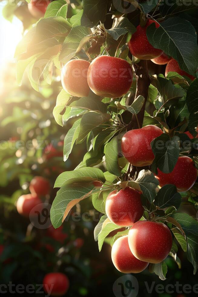 Close-up of red apples on a tree with sunlight glimmering through green leaves photo
