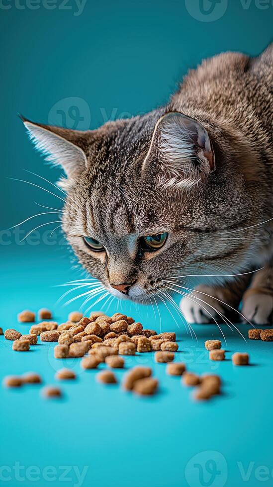Close-up of a cat sniffing food on a blue background photo