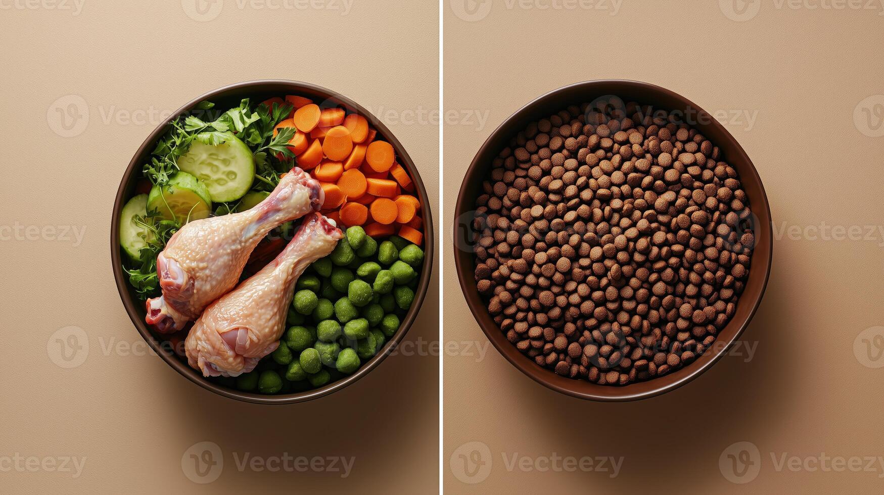 Raw chicken drumsticks and fresh vegetables next to dog food kibble in a bowl photo