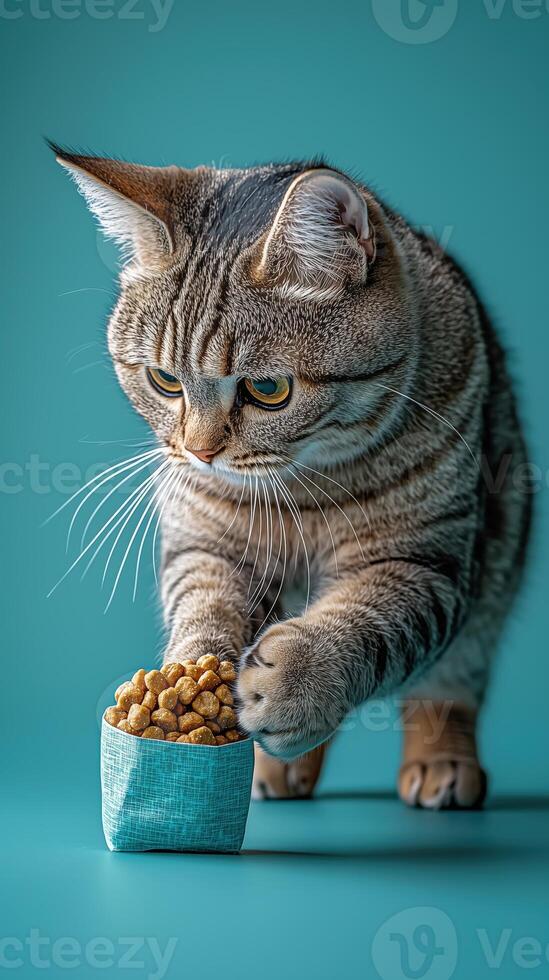 Gray tabby cat reaching for a bowl of cat food on a turquoise background photo
