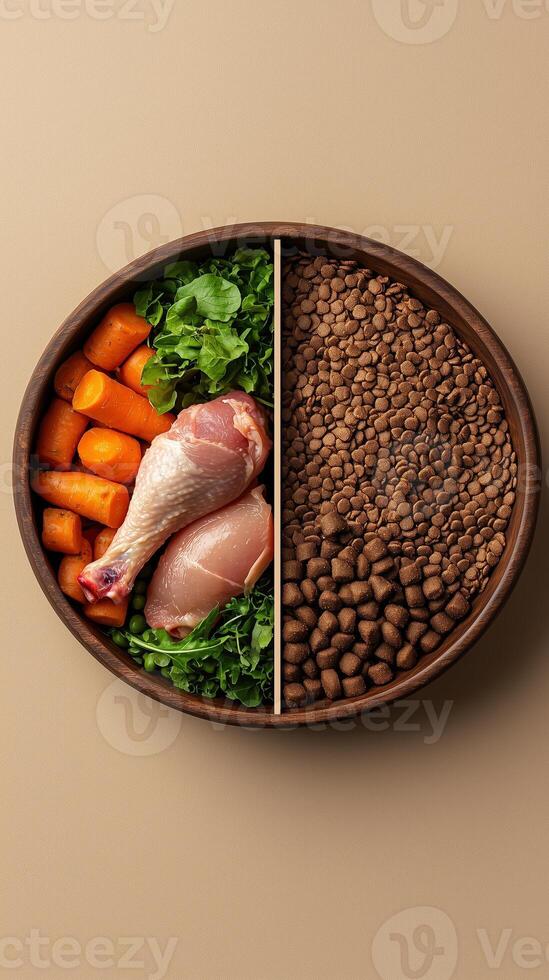 Fresh ingredients and pet food in round bowl divided into two halves photo