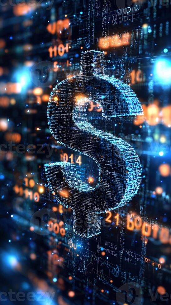 Digital dollar symbol glowing against a futuristic data background photo