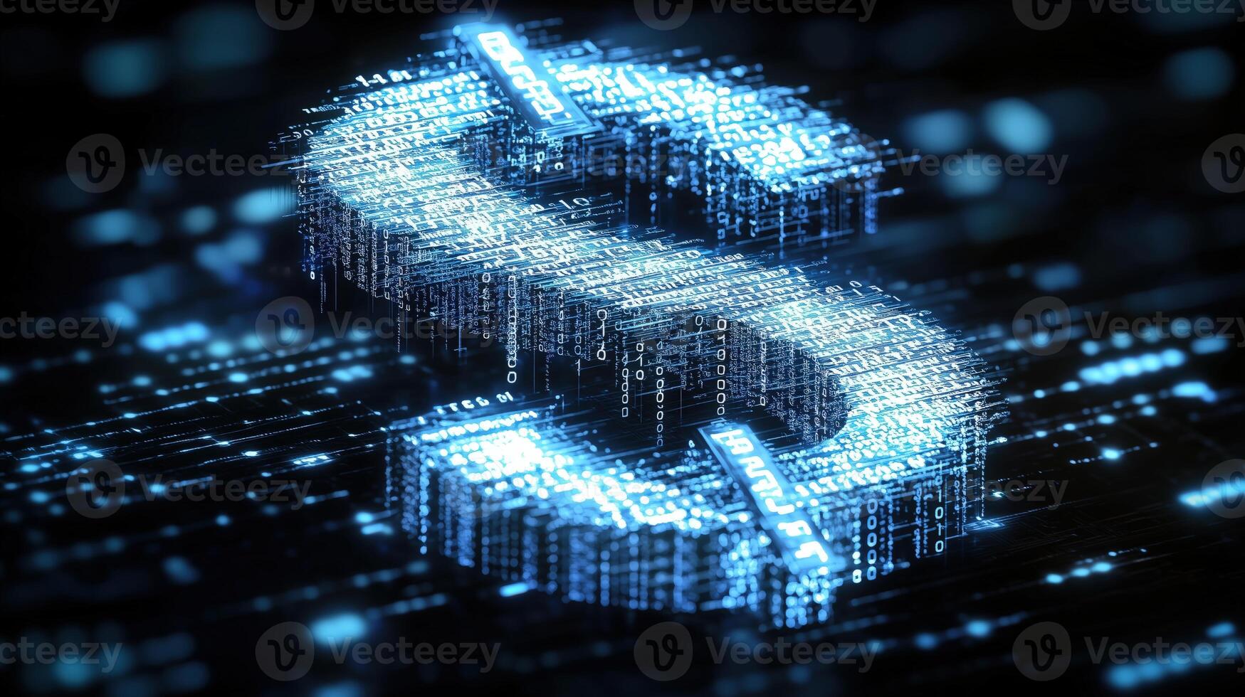 Digital dollar symbol with binary code and data streams in futuristic technology background photo