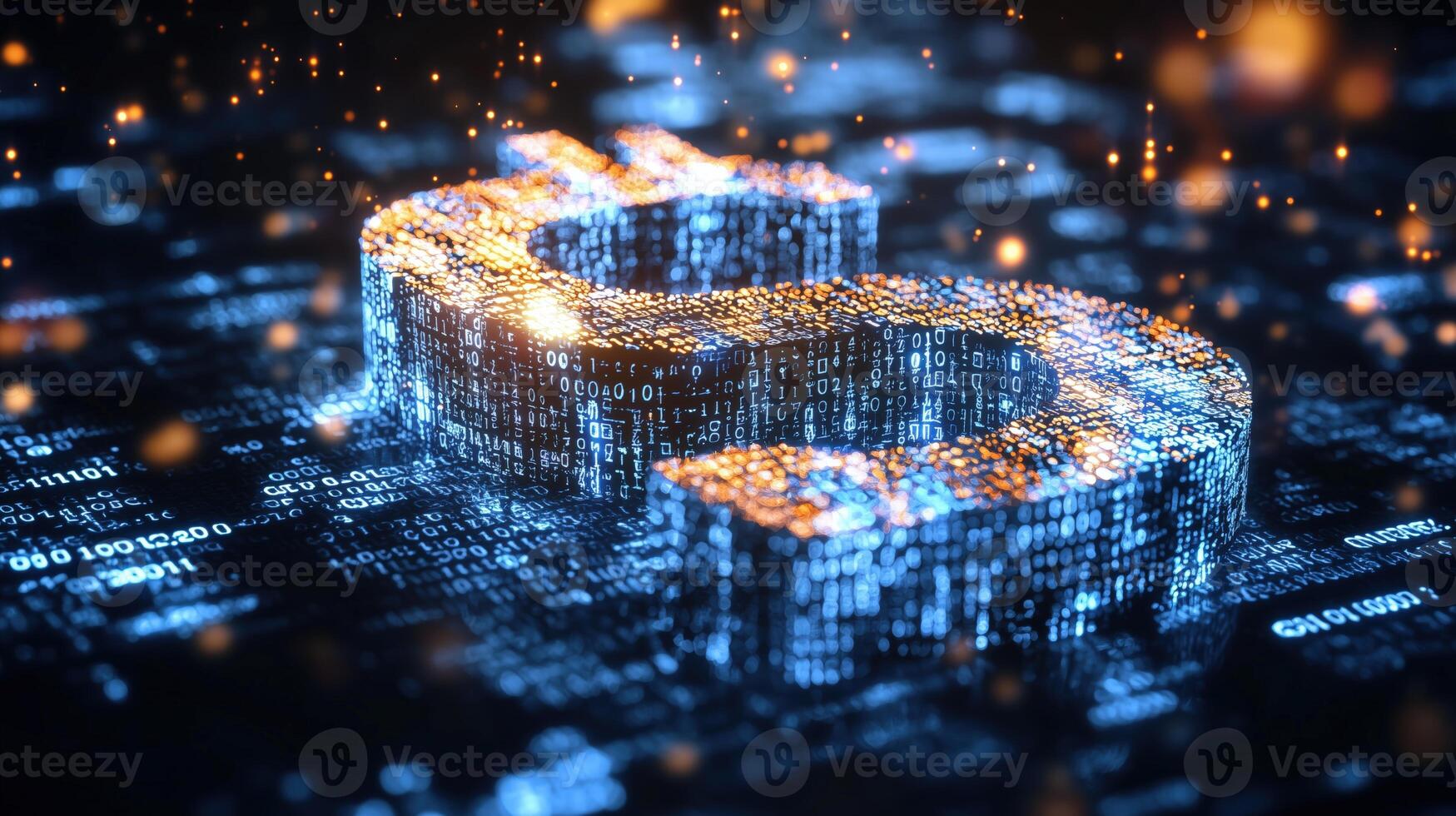 3d illuminated bitcoin symbol on digital background with binary code photo