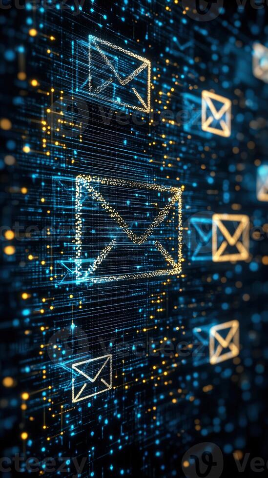 Abstract email communication concept with glowing envelope icons and data streams photo