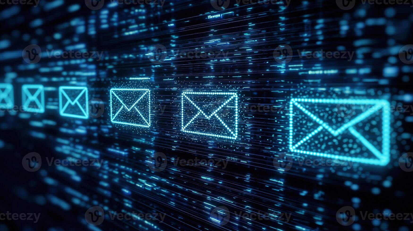 Digital email communication icons with glowing blue effect and data stream background photo
