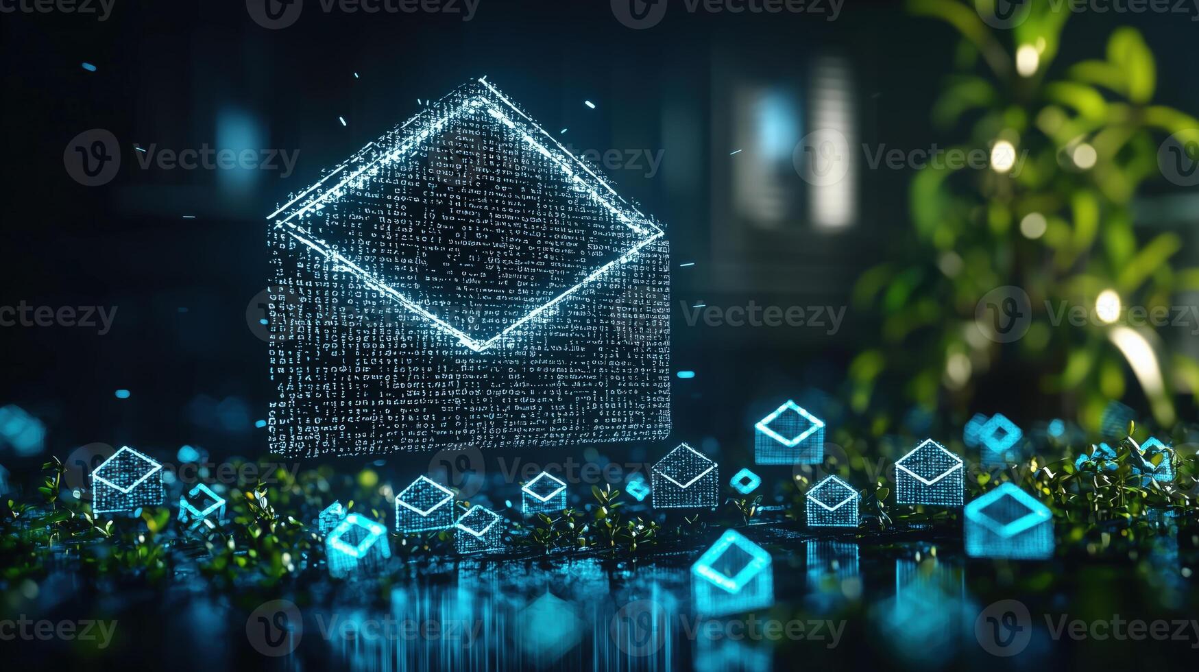Digital email symbol in a glowing binary environment with abstract cubes photo