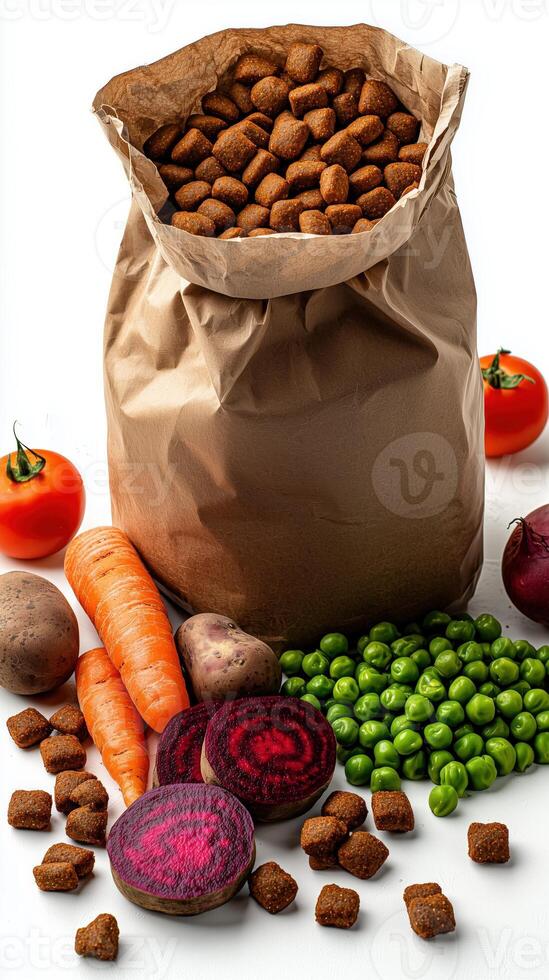Healthy pet food bag with vegetables and kibble on white background photo