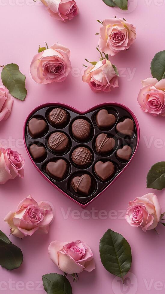 Heart-shaped chocolate box surrounded by pink roses on a pink background photo