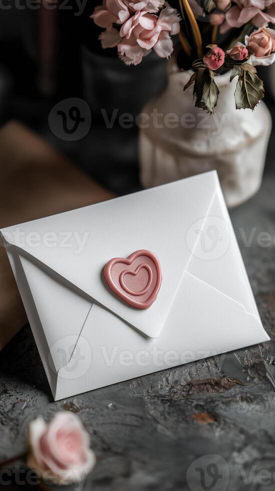 White envelope with heart wax seal on dark background next to vase of flowers photo