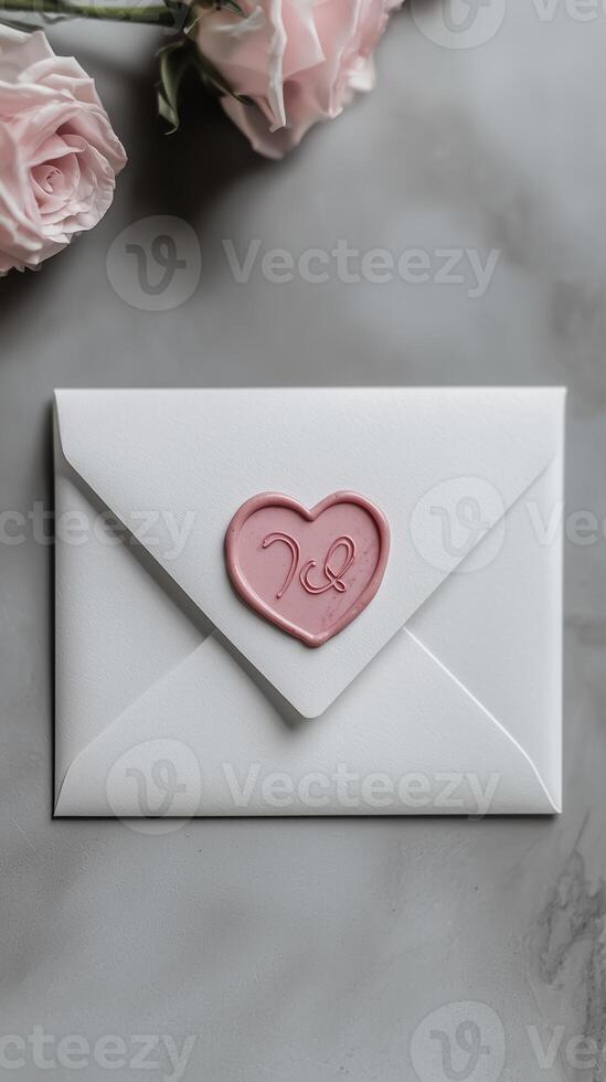 Elegant white envelope with pink heart seal and pink roses on marble background photo