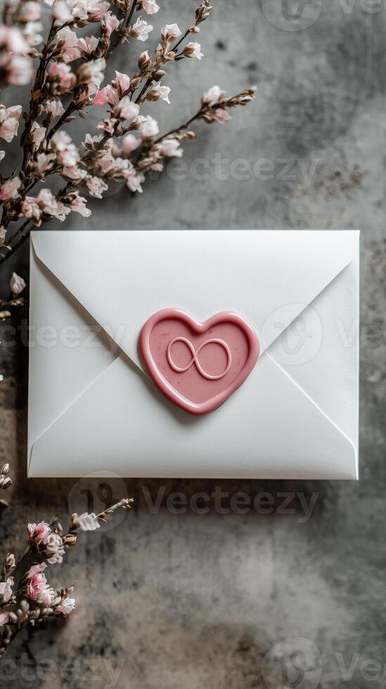 Elegant envelope with heart seal and cherry blossom flowers photo
