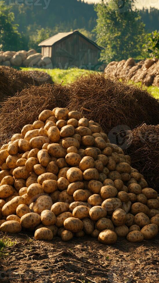 Pile of fresh potatoes in a farm field with a barn in the background photo