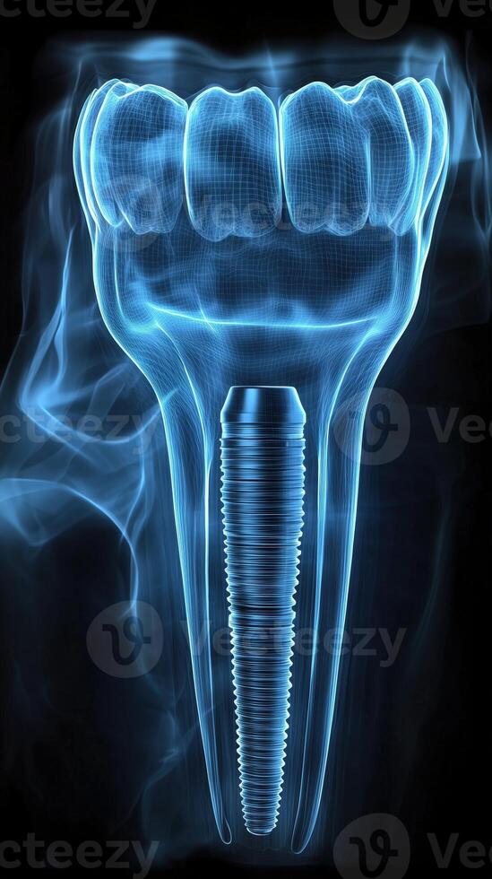 3d illustration of a dental implant with x-ray effect on a black background photo