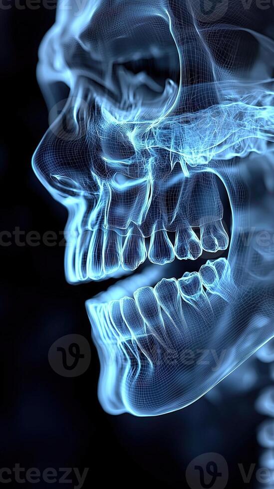 X-ray image of a human skull highlighting dental and jaw structure photo