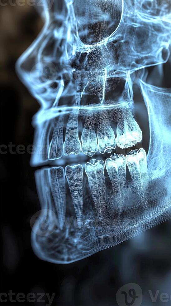 Detailed x-ray image of a human skull and teeth with clear structures photo