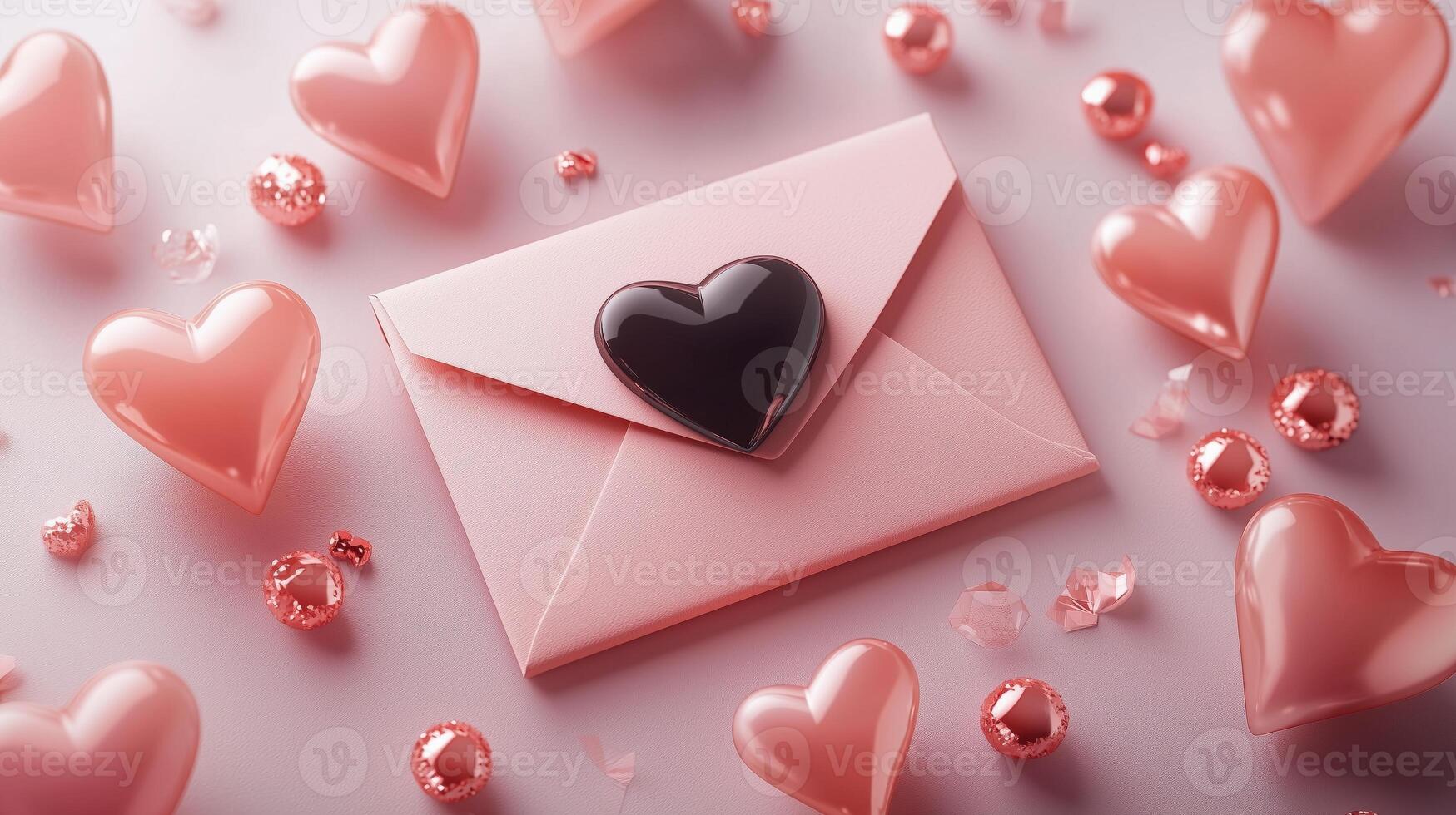 Pink envelope with heart and decorative love symbols on table photo