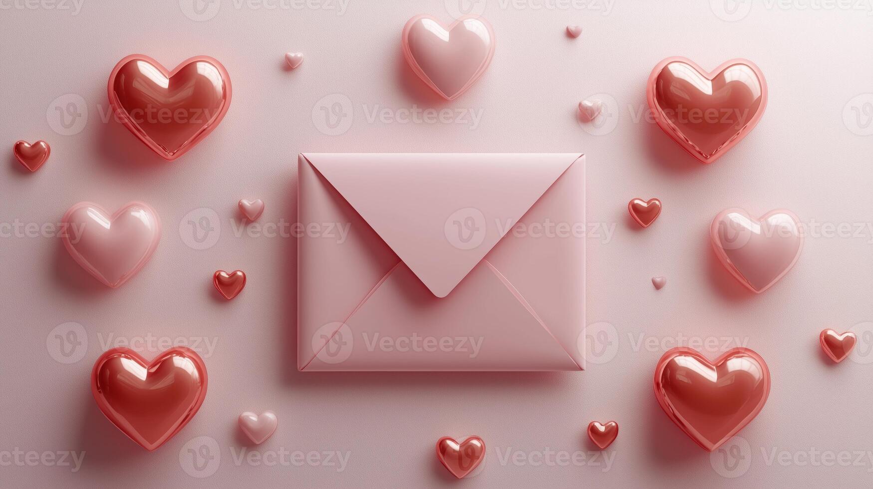 Pink envelope surrounded by colorful hearts for valentine's day or love messages photo