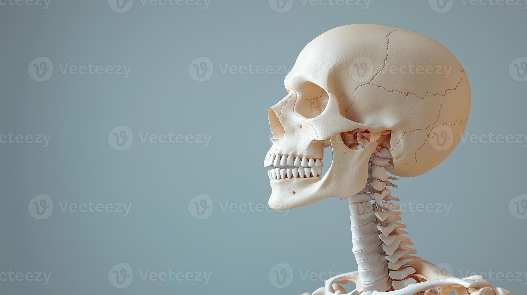 Human skeleton model showing detailed anatomical features and structure photo
