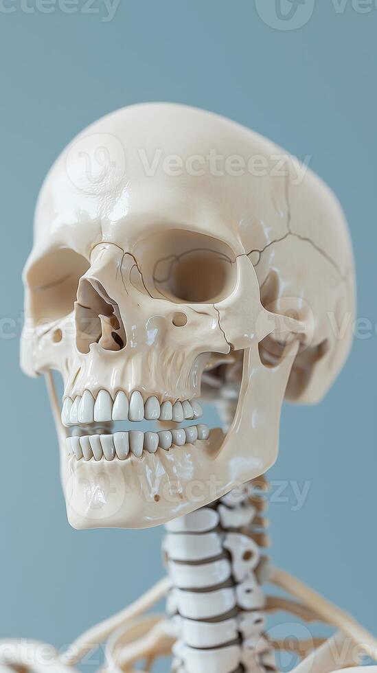Close-up of a human skull model with detailed features and anatomical structure photo