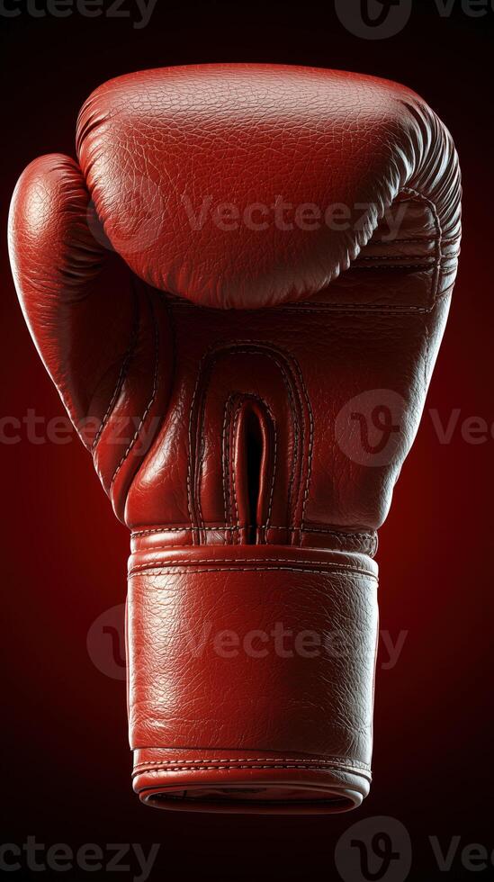 Red boxing glove isolated on dark background for sports and fitness promotion photo
