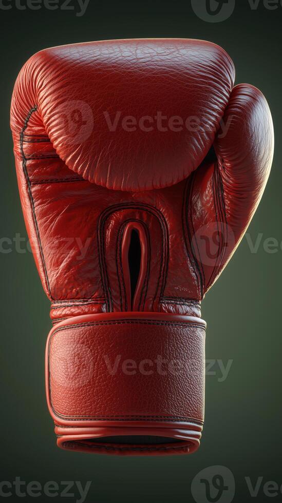 Red leather boxing glove isolated on dark background for sports equipment promotion photo