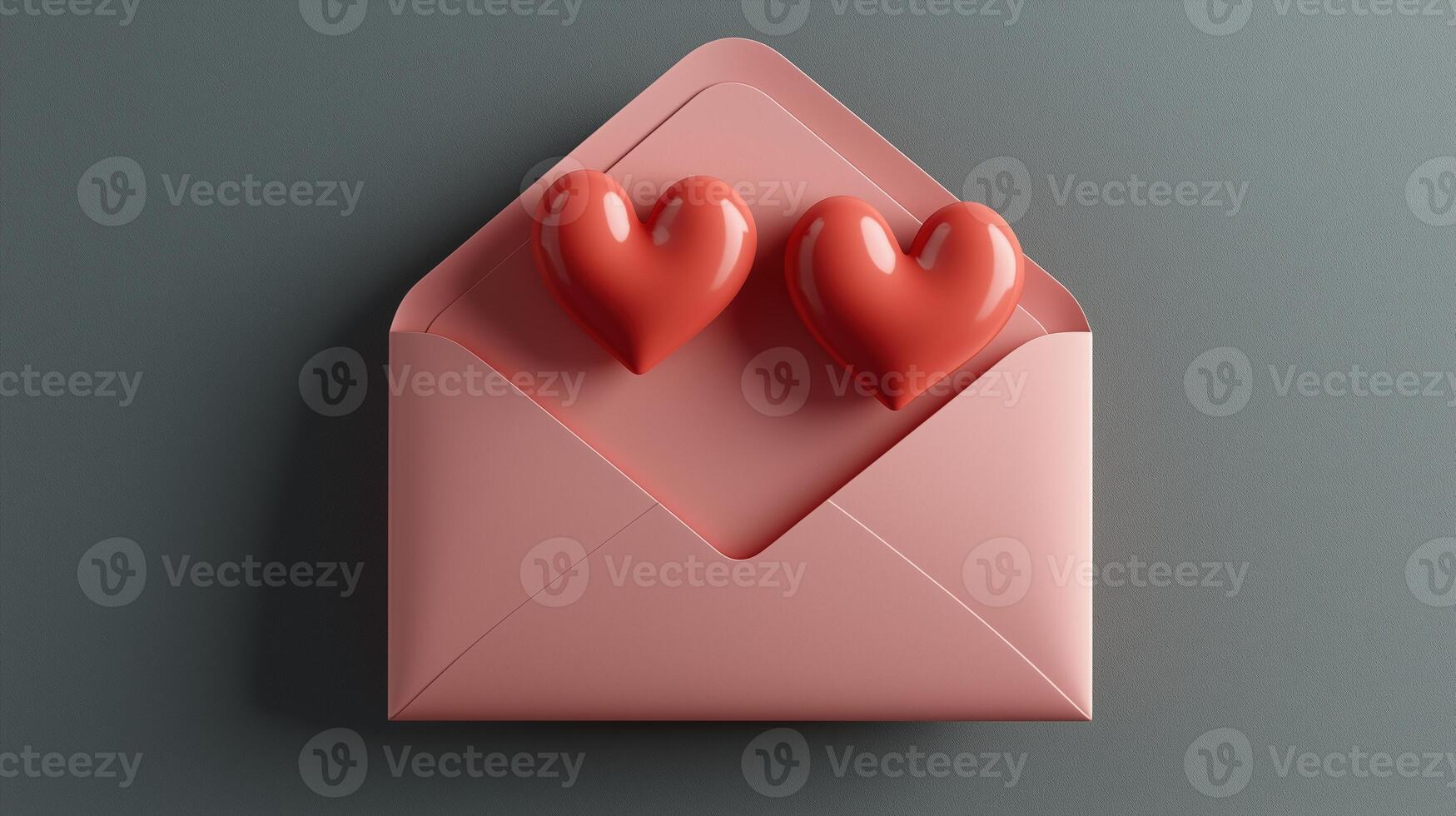 Pink envelope with two red hearts for valentine's day or love messages photo
