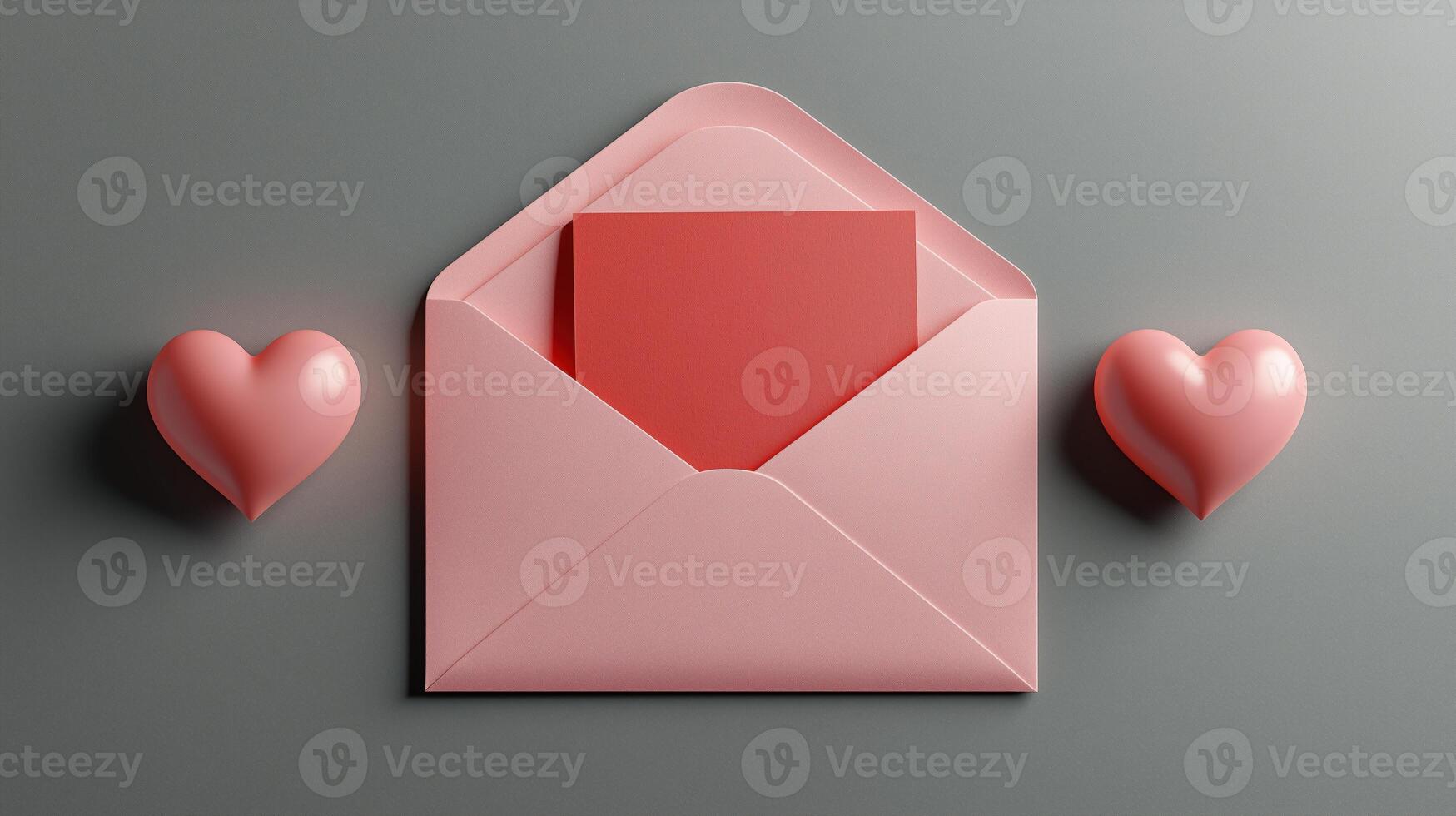 Pink envelope with love letter and hearts on gray background photo