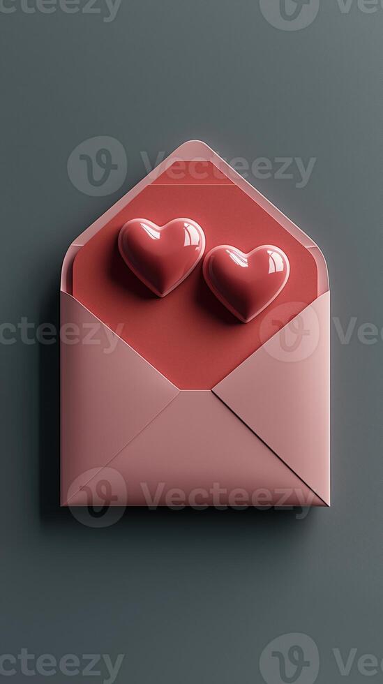 Envelope with heart shape decorations on gray background photo