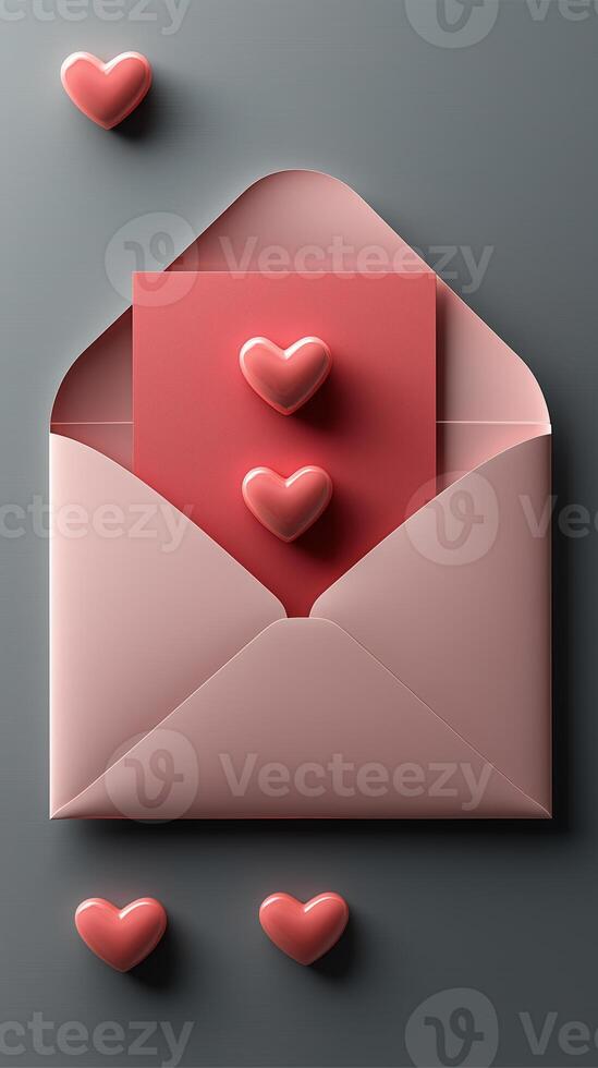 Love letter in pink envelope with hearts on gray background photo