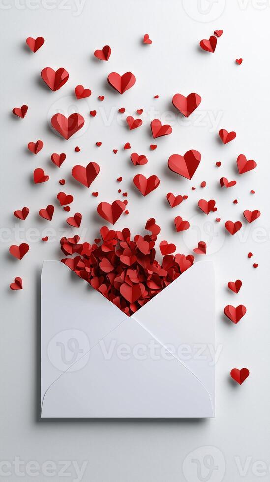 Red paper hearts falling out of an open white envelope on a plain background photo