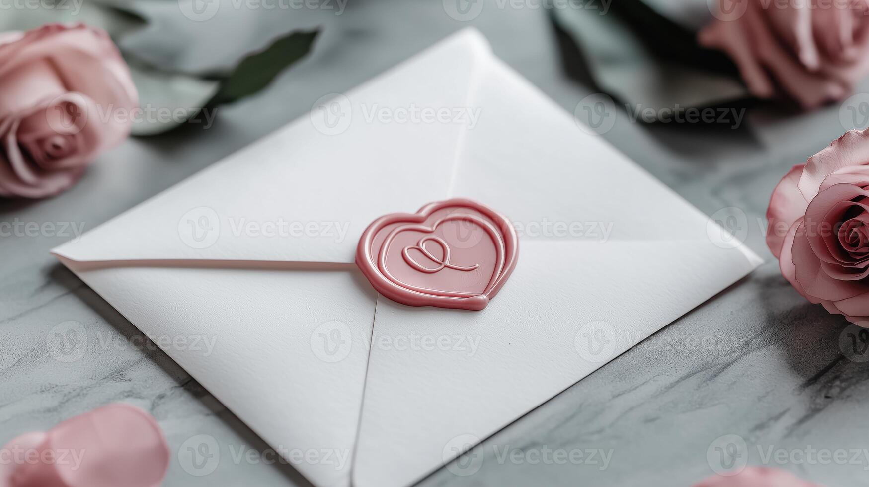Romantic white envelope with heart-shaped wax seal and pink roses on marble background photo