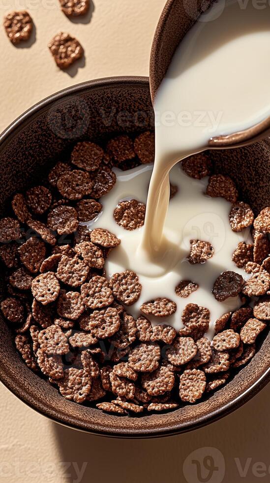 Pouring milk into a bowl of chocolate cereal for a delicious breakfast meal photo