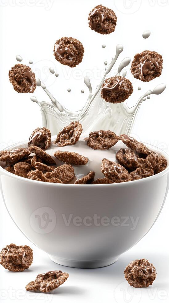 Chocolate cereal with milk splashing in a bowl, healthy breakfast concept photo