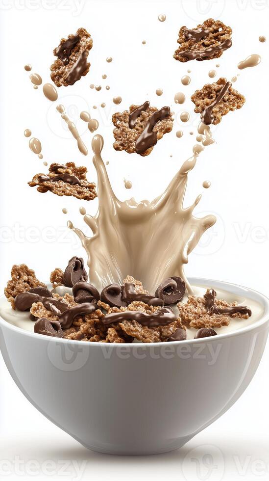 Splash of milk with chocolate cereal in white bowl on white background photo