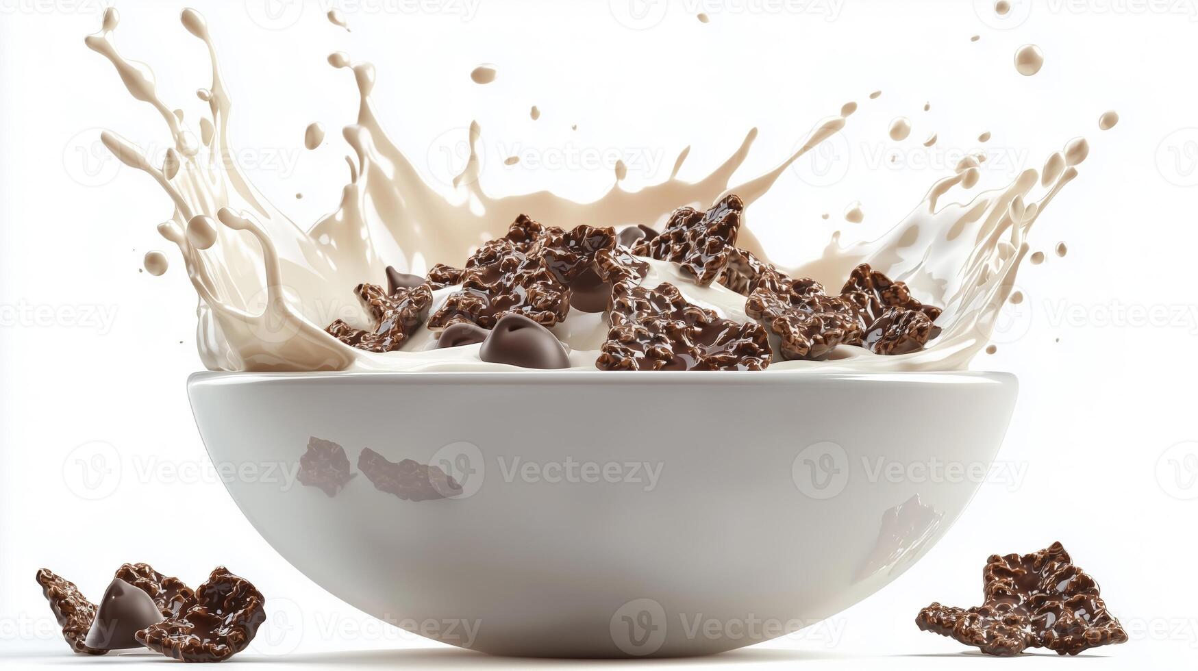 Bowl of chocolate cereal with milk splash - delicious breakfast concept photo