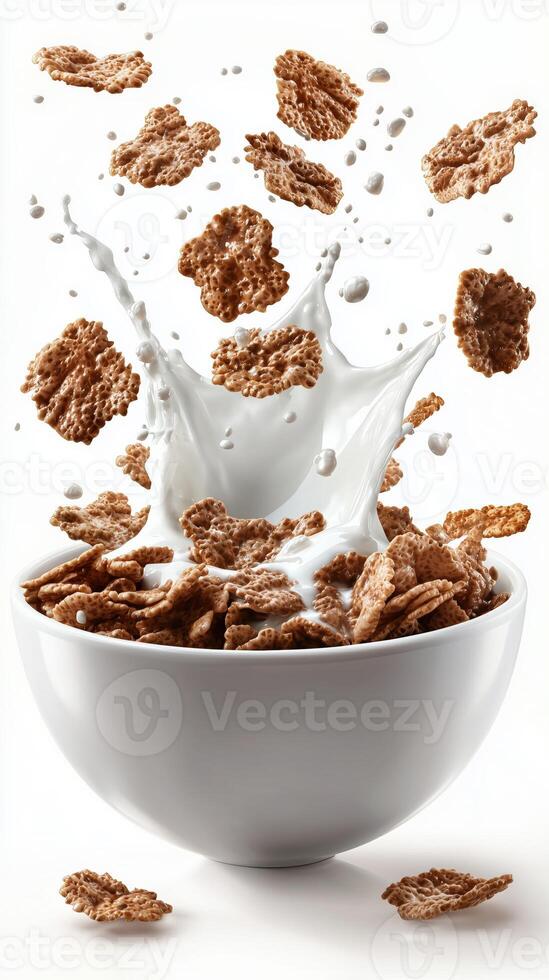 Cereal bowl with milk splash and floating cereals in white background photo