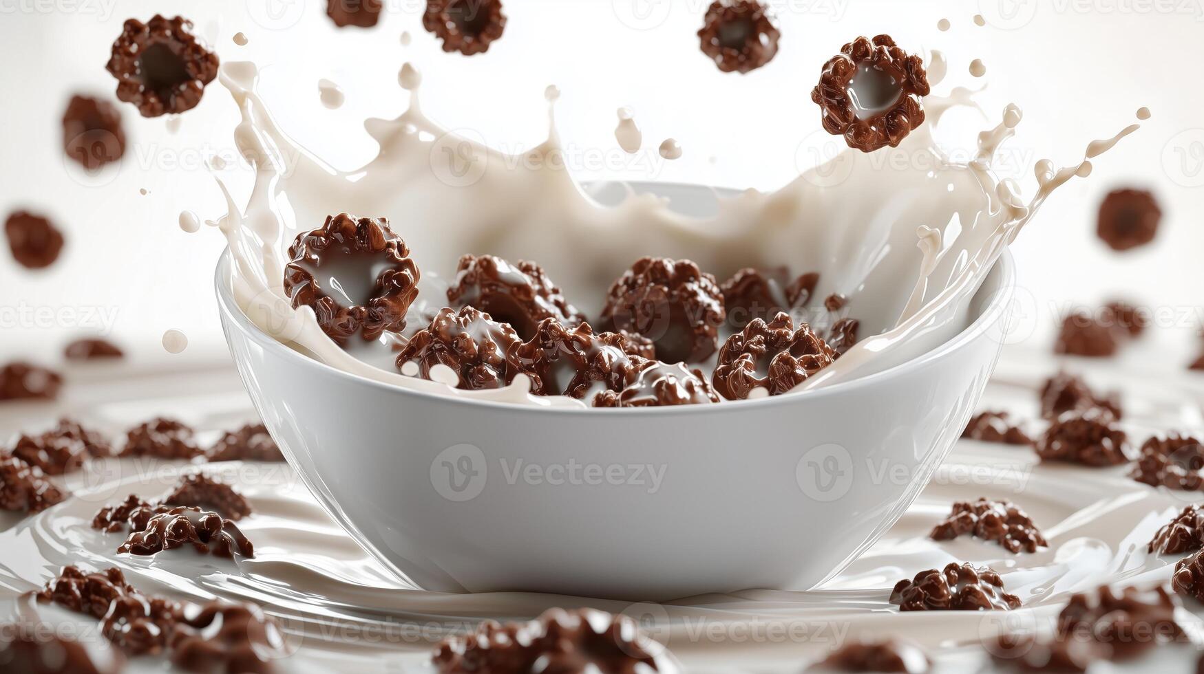 Chocolate cereal in a white bowl with milk splashing on a light background photo