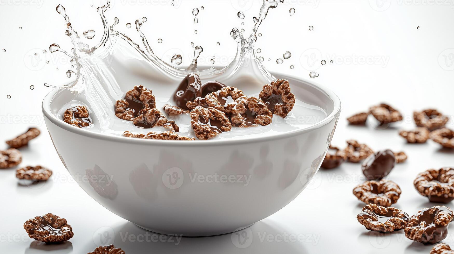 Bowl of chocolate cereal dipping in milk with splash and droplets photo