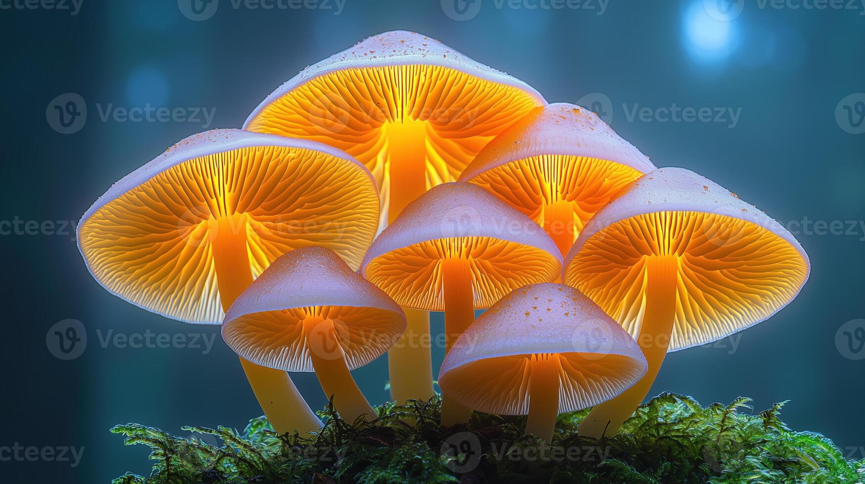 Illuminated mushrooms in a mystical forest setting photo