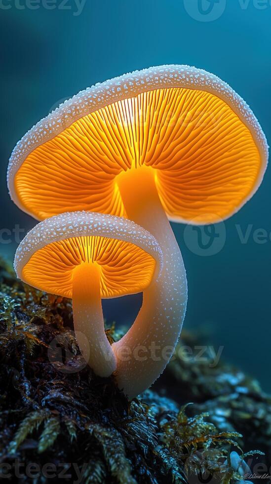 Glowing mushrooms with vibrant orange gills in a dark forest setting photo