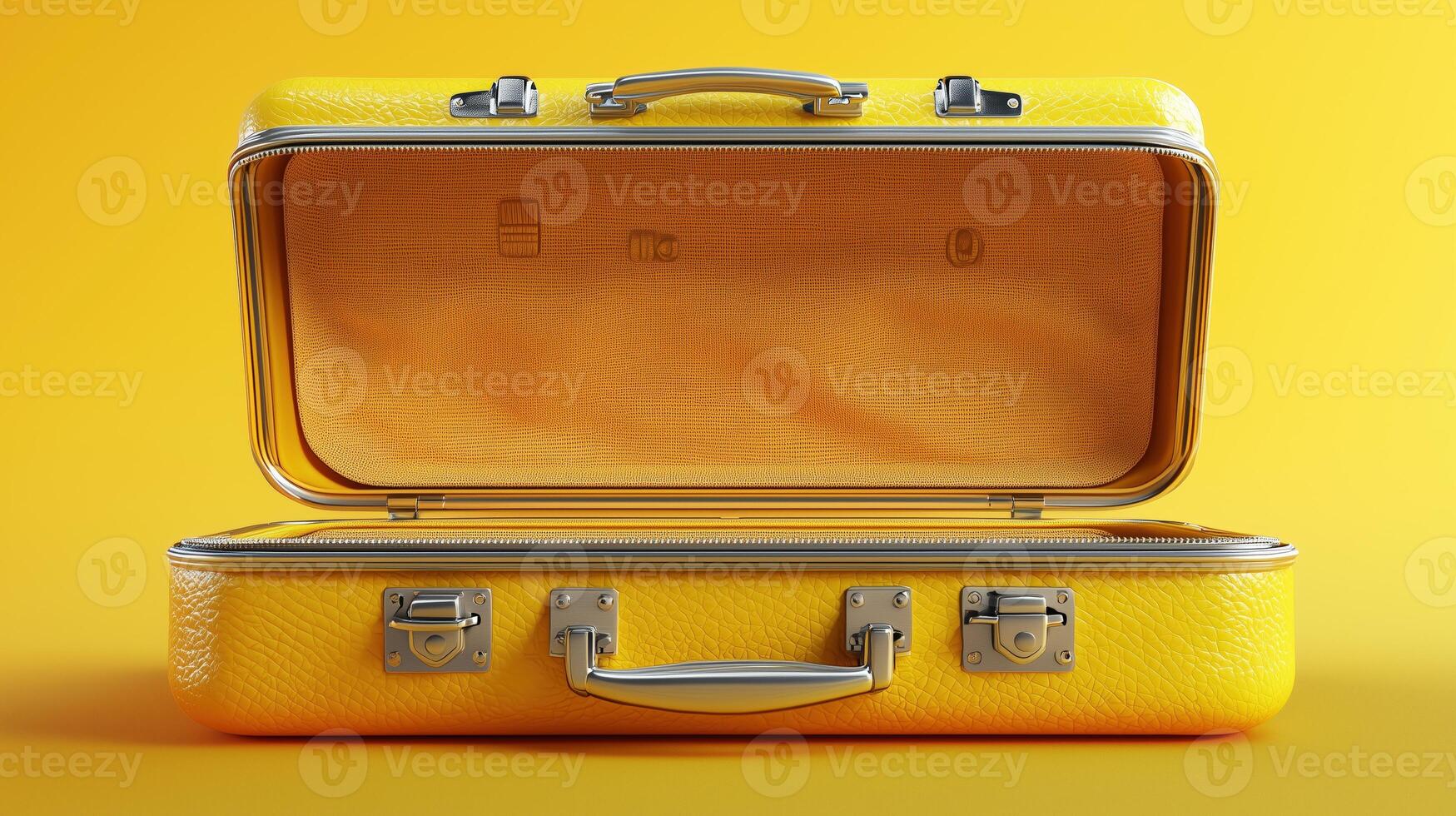 Open yellow suitcase on bright background for travel and packing concepts photo