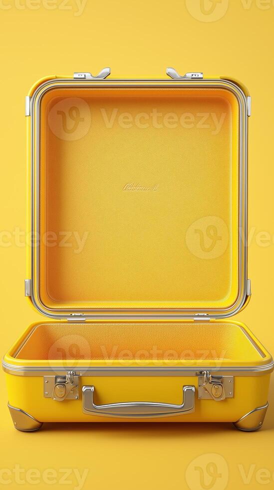 Open yellow hard-shell suitcase on yellow background for travel concept photo