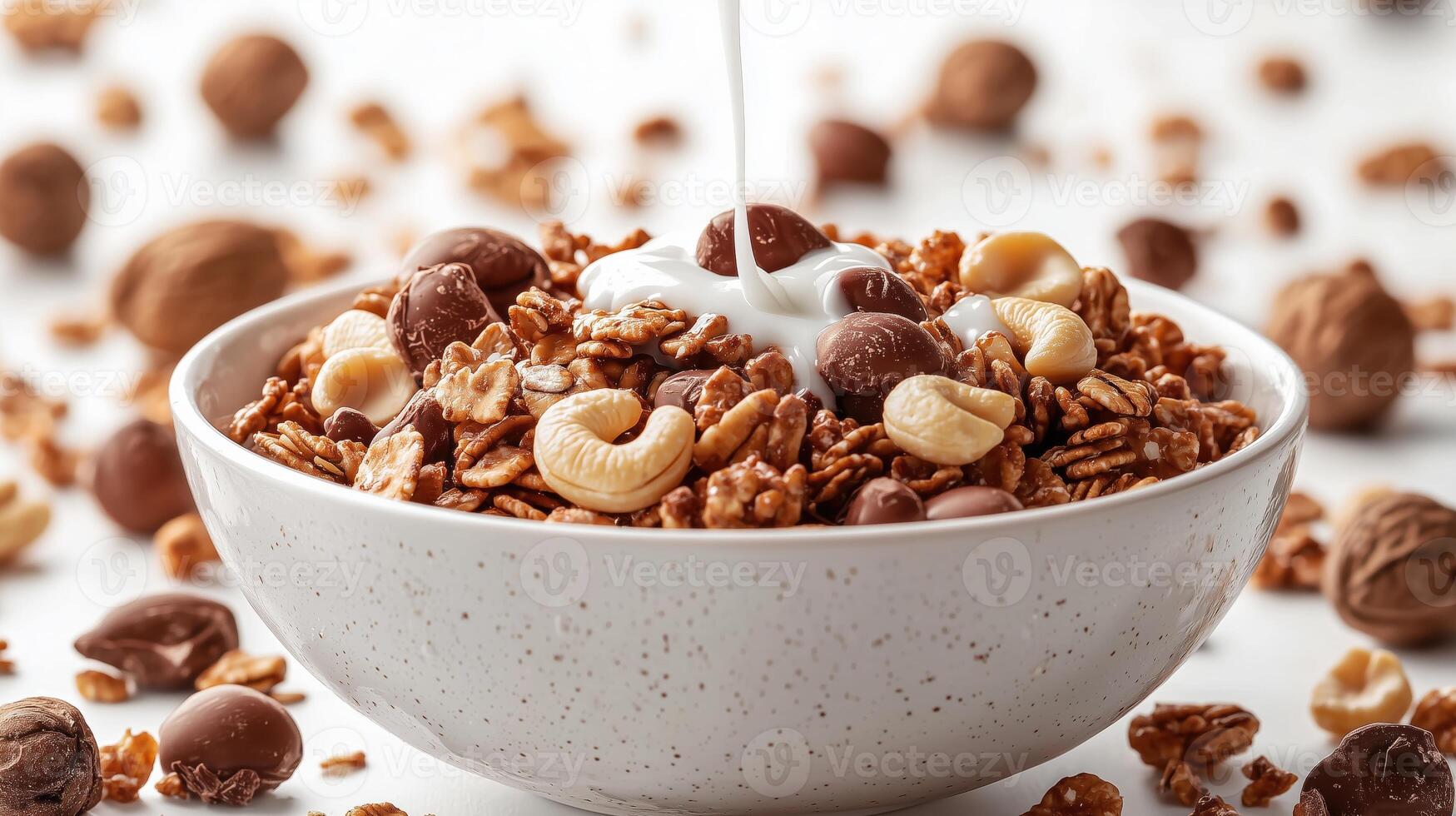 Chocolate granola with nuts and milk pouring into bowl on white background photo