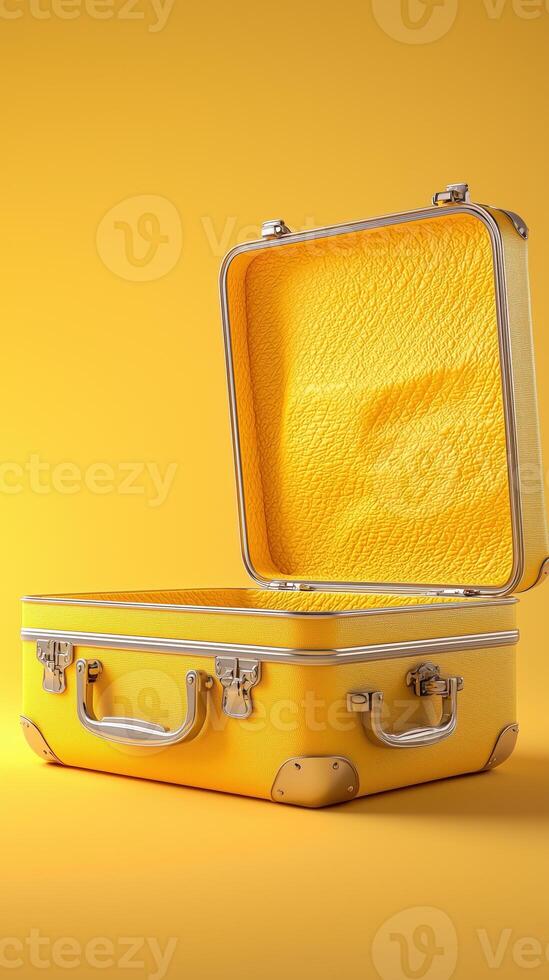 Open yellow suitcase on yellow background with texture inside photo