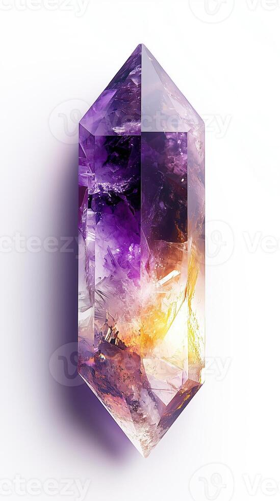 Amethyst crystal geode with colorful inner veins in bright white background photo