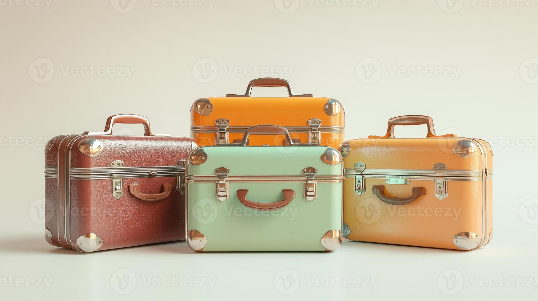 Four colorful vintage suitcases arranged together on a light background photo